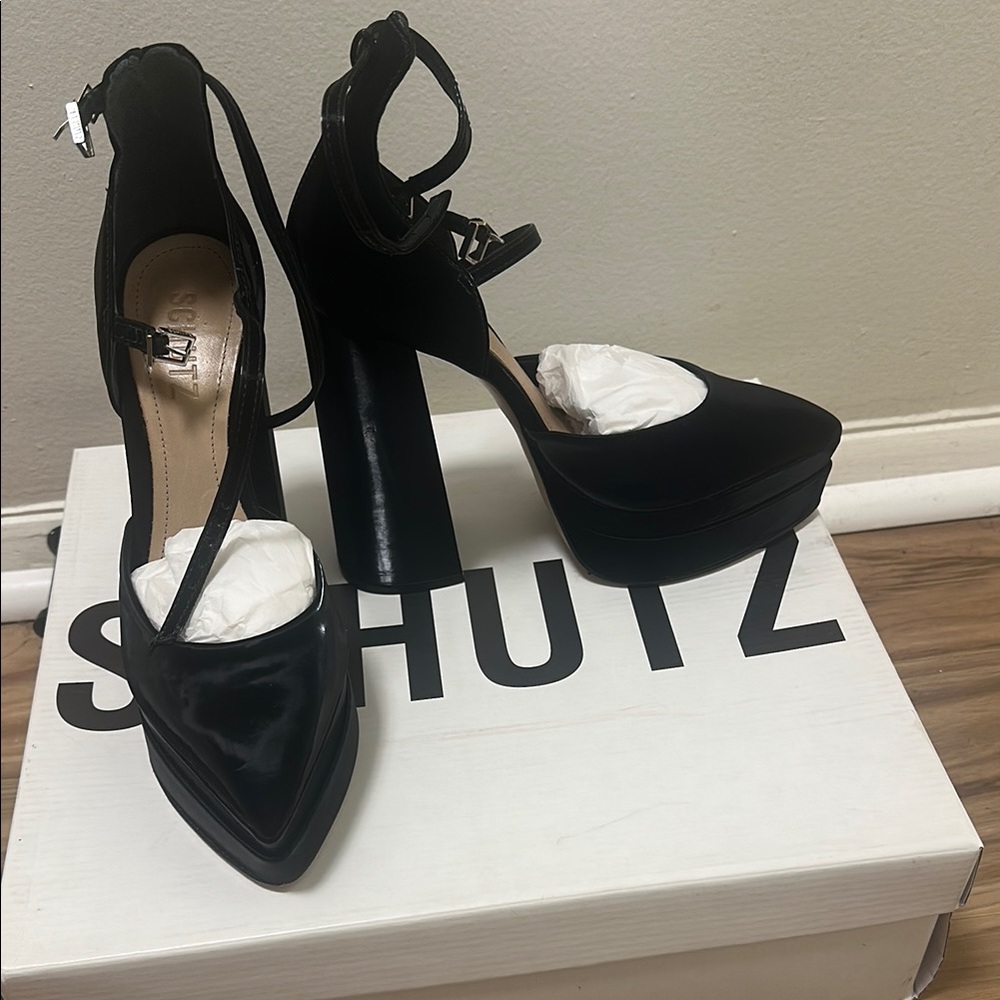 Schutz Black Platform Pointed-Toe Ankle-Strap Heels